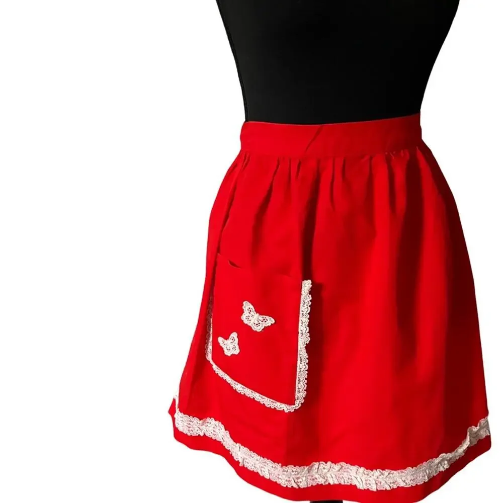 Elegant Red Apron with Lace Trim